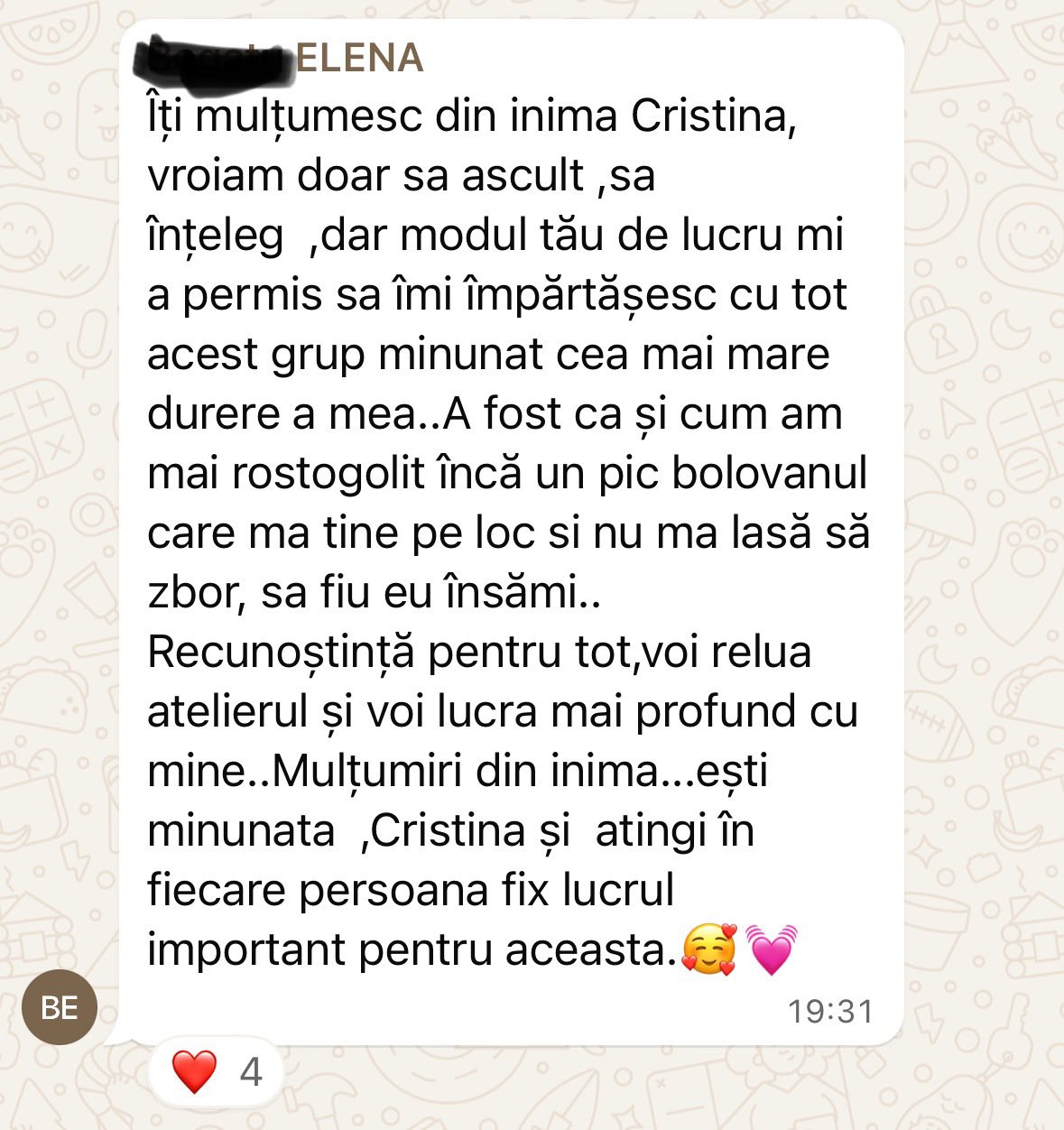 Mesajul Elenei după atelier, captură de ecran
